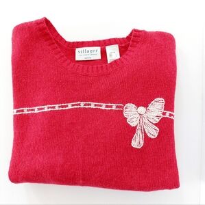 Red Holiday Sweater Embroidered Beaded Bow Size petite Large Villager Christmas‎